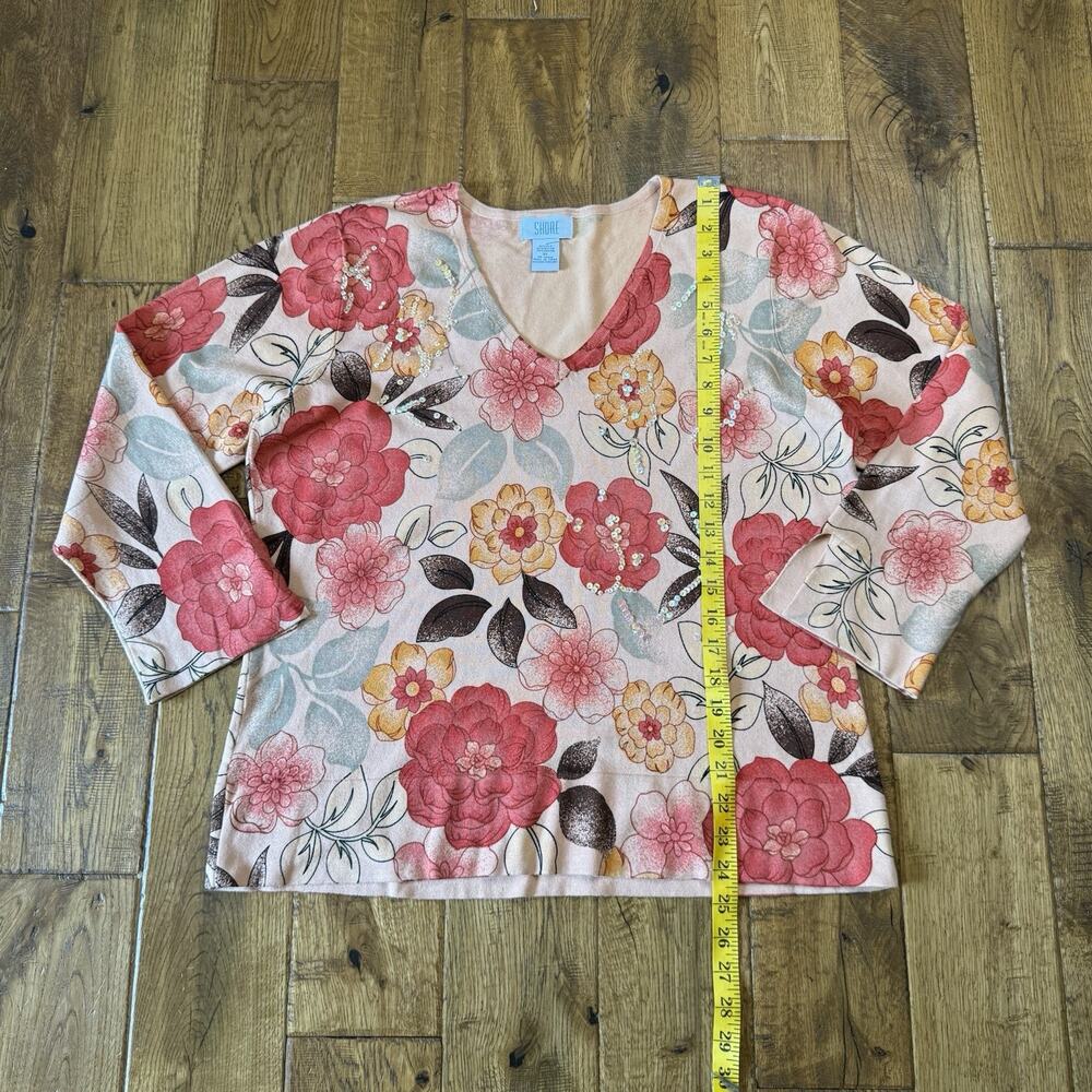 Shore Coral Peach Floral Silk Blend V-Neck Sweater Womens Sz XL Sequens - Picture 3 of 5
